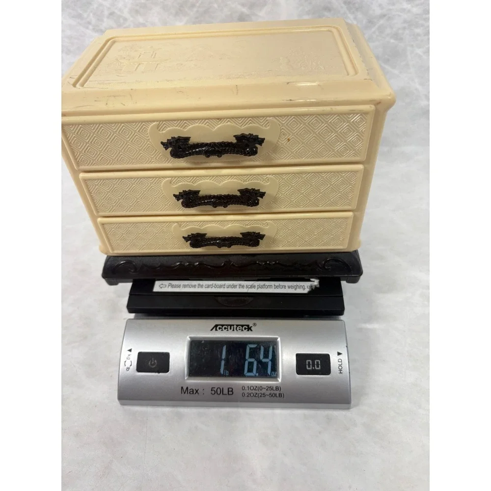 Vintage Chinoiserie Plastic Jewelry Box 3 Drawer Mini Chest Pagoda Cream‎ Black